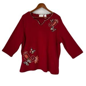 Alfred Dunner Top Women 1X Burgundy Embroidery Beading Bird Butterflies Cottage